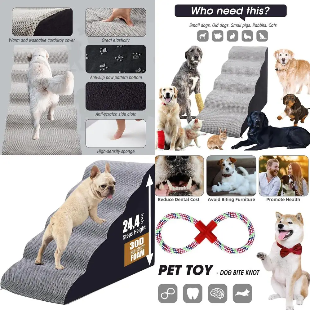 

Лестницы и ступеньки для высоких кроватей до 28 дюймов, 5-ступенчатый пандус для собак для маленьких и средних собак с моющимся чехлом, нескользящие ступеньки для кошек