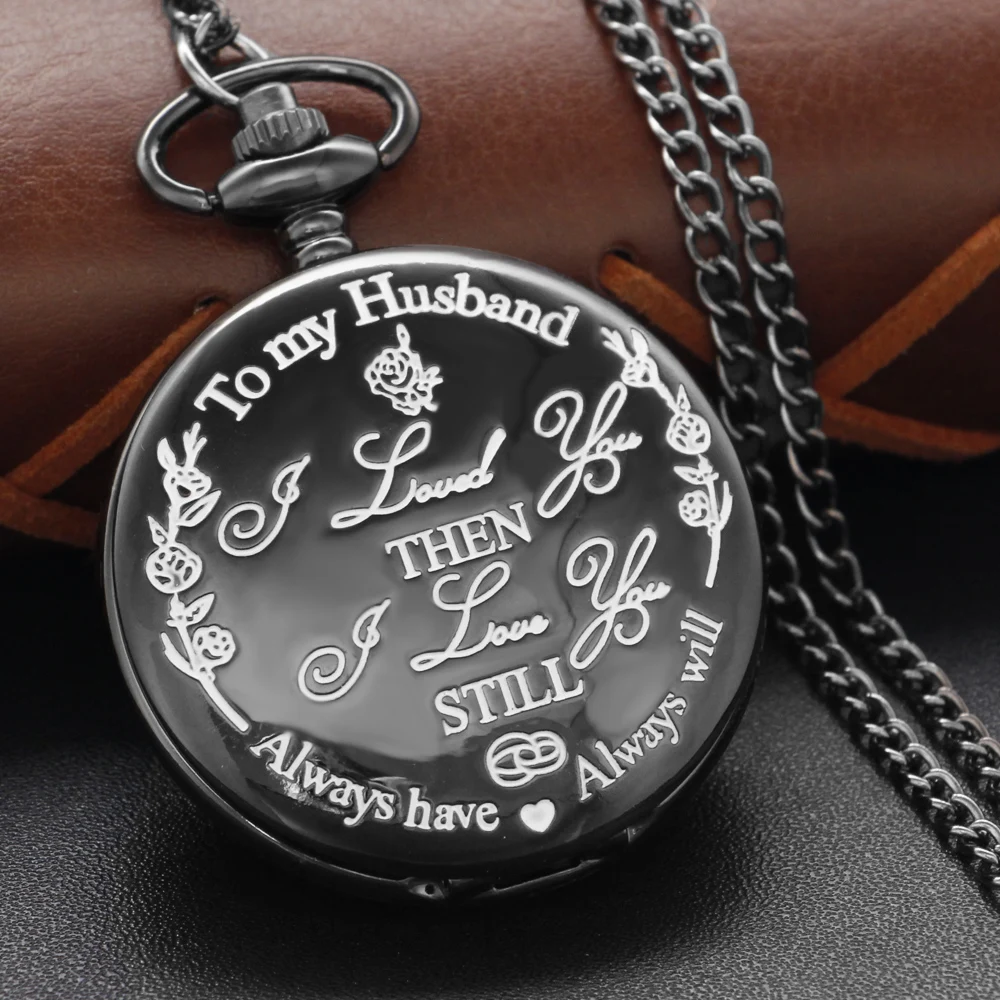 Black My Husband 3D Embossed Quartz Pocket Watch Necklace Pendant Fob Chain Vintage Steampunk Pocket Watch Christmas Gift Cf1204