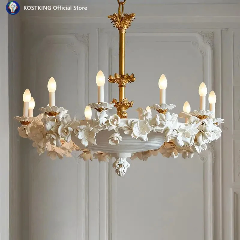 European-Style 3D Relief Flower LED Chandelier Light For Living Room Castle Hotel Church Luxury Copper Resin Gypsum Chandeliers