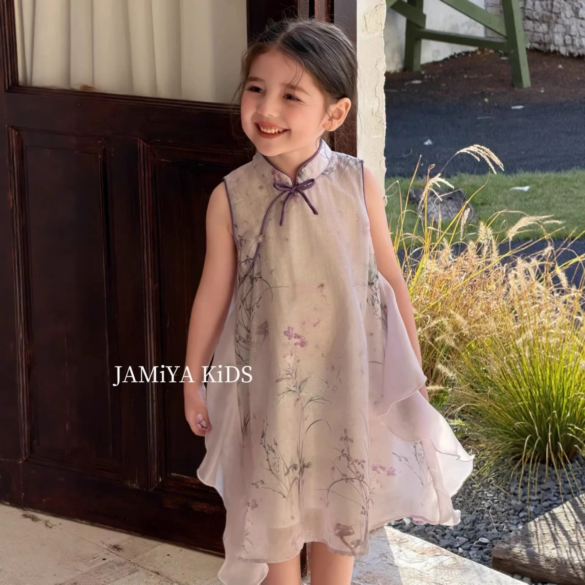 2026 Summer New Chinese Style Sleeveless Dress for Baby Girls Retro Cheongsam Inspired Floral Print Elegant Casual Dress