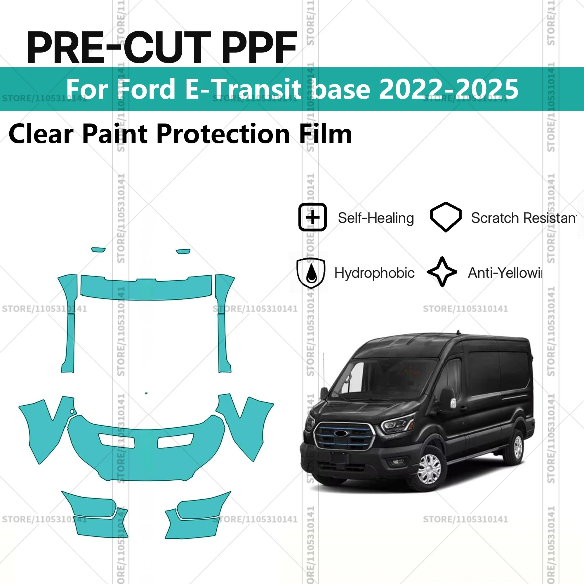 

Для Ford E-Transit Base 2022-2025: Профессиональный комплект прозрачной защитной пленки (PPF) для автомобиля, предварительно вырезанная пленка для защиты кузова, передний комплект.