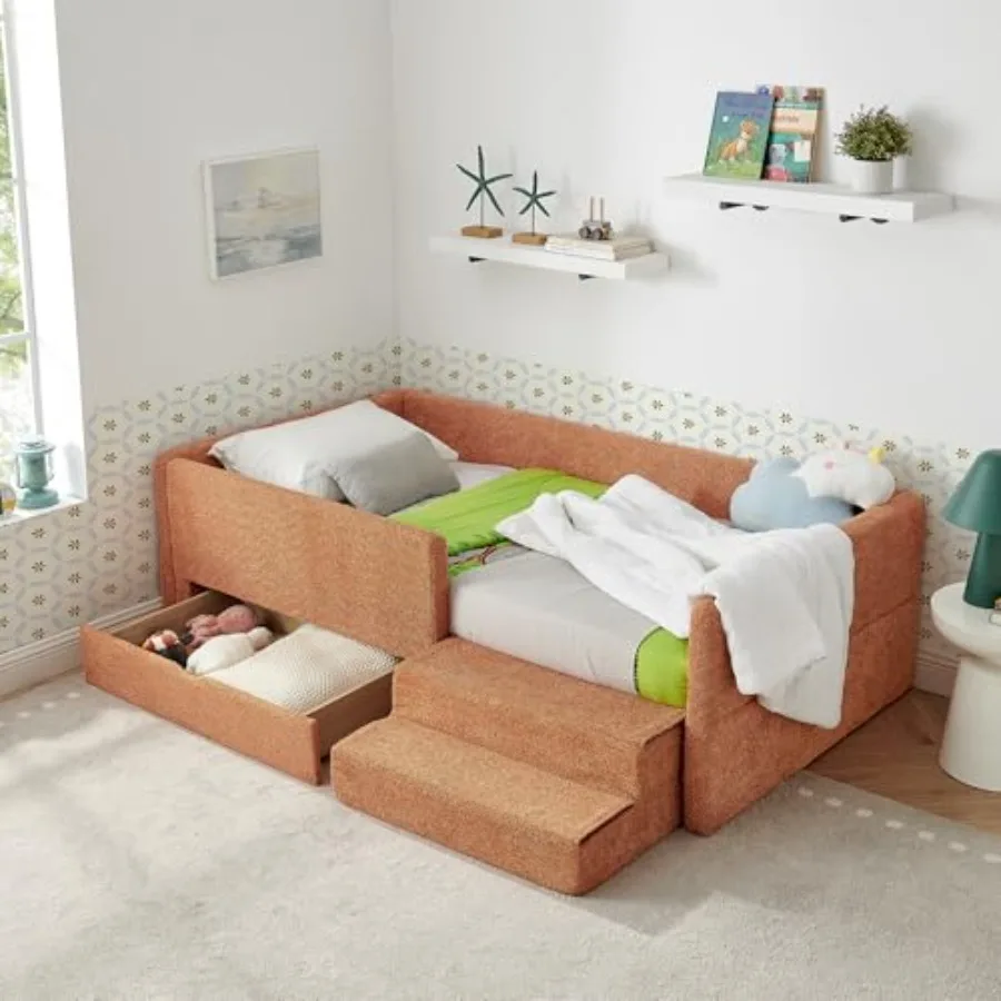 

Twin Size Upholstery Daybed with Drawer and Step Stool, for Boys and Girls, Boucle Sofa Bed with Guardrails and Solid Slat, Eas