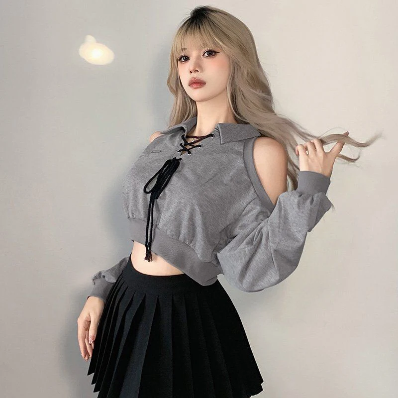 Sexy Cropped Sweatshirt Women Y2k Off Shoulder Slim Fit Short Tops Spring Summer Korean Long Sleeve Harajuku Grey Pullovers New