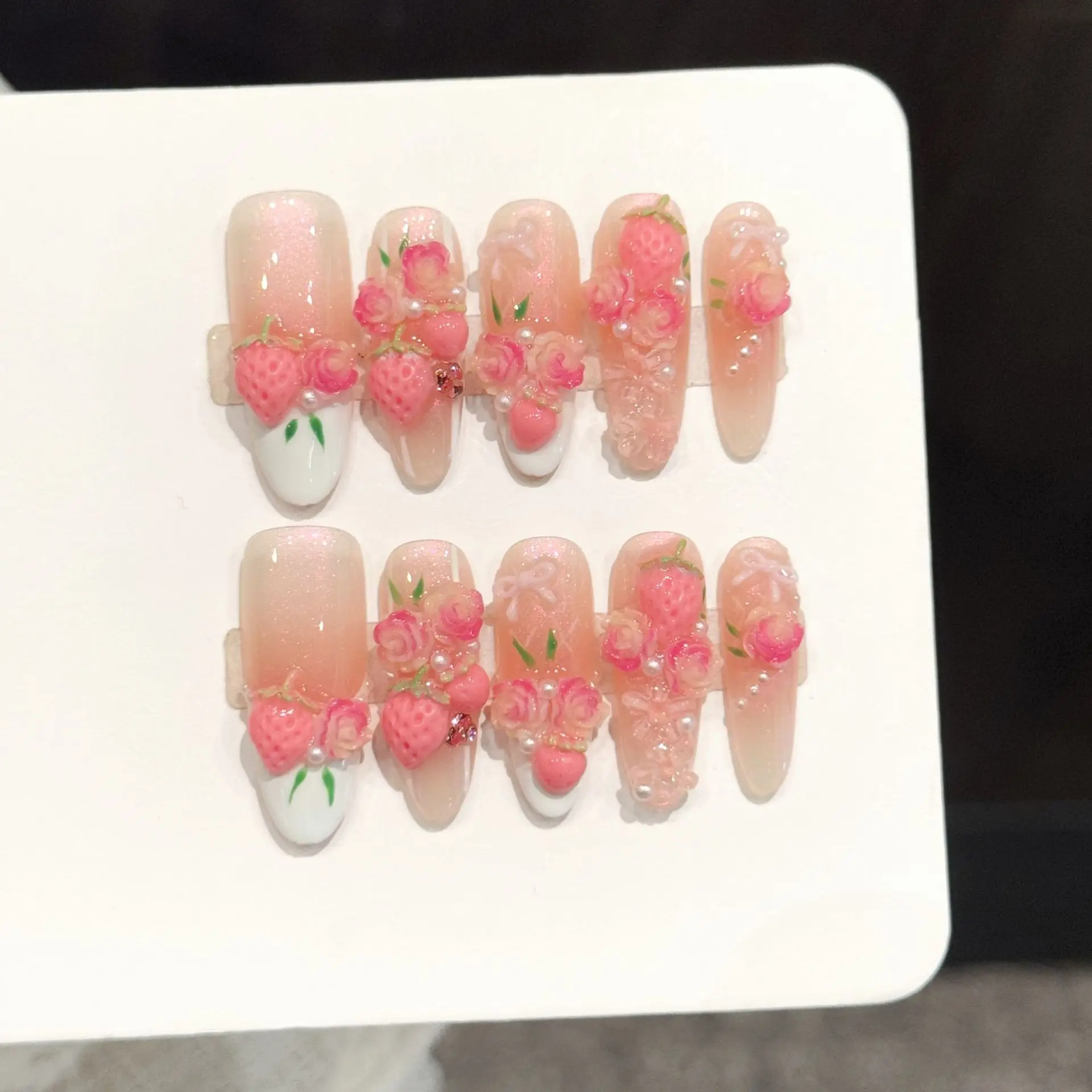 

10pcs Handmade Fake Nails Long Oval Stereoscopic strawberry Gentle girl Press On Nails French False Nails Design