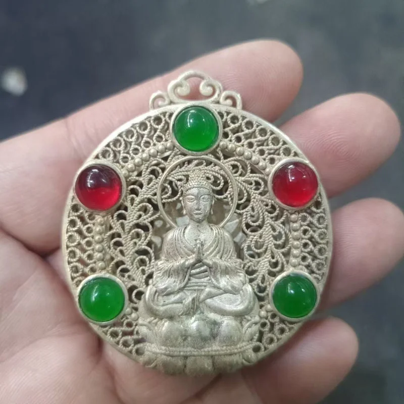 Miscellaneous Antique Silver-Plated Tathagata Buddha Inlaid With Red And Green Gemstone Pendant Jewelry Crafts