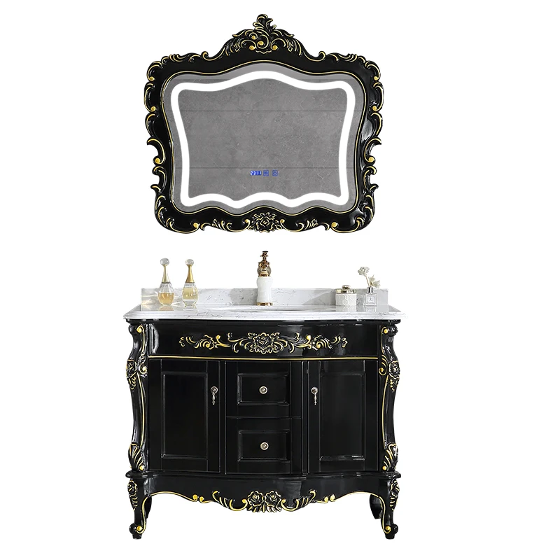 Armario de baño europeo negro, mueble de roble combinado, lavabo francés, lavabo de mano