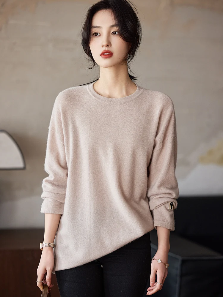 

Fashion Women 100% Merino Wool Sweater O-Neck Long Sleeve Basic Jumper Spring Autumn Winter Clothing Comfy Knitwear Tops