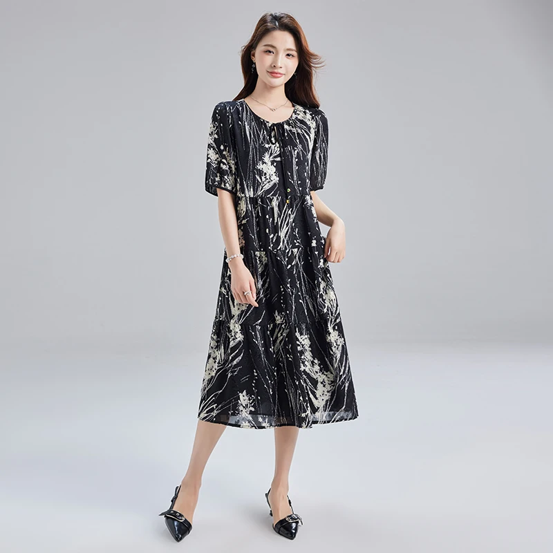 

Women's Dress Floral Print Black Short Sleeved Dress An Elegant Commuting Must-have
