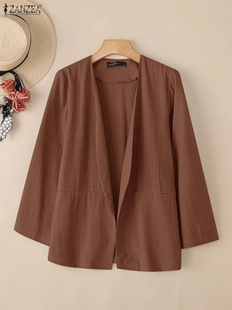 

ZANZEA Fashion Cotton Blazer 2025 Women Long Sleeve V-Neck Loose Casual Solid Cardigans Elegant Office Lady Streetwear Coats