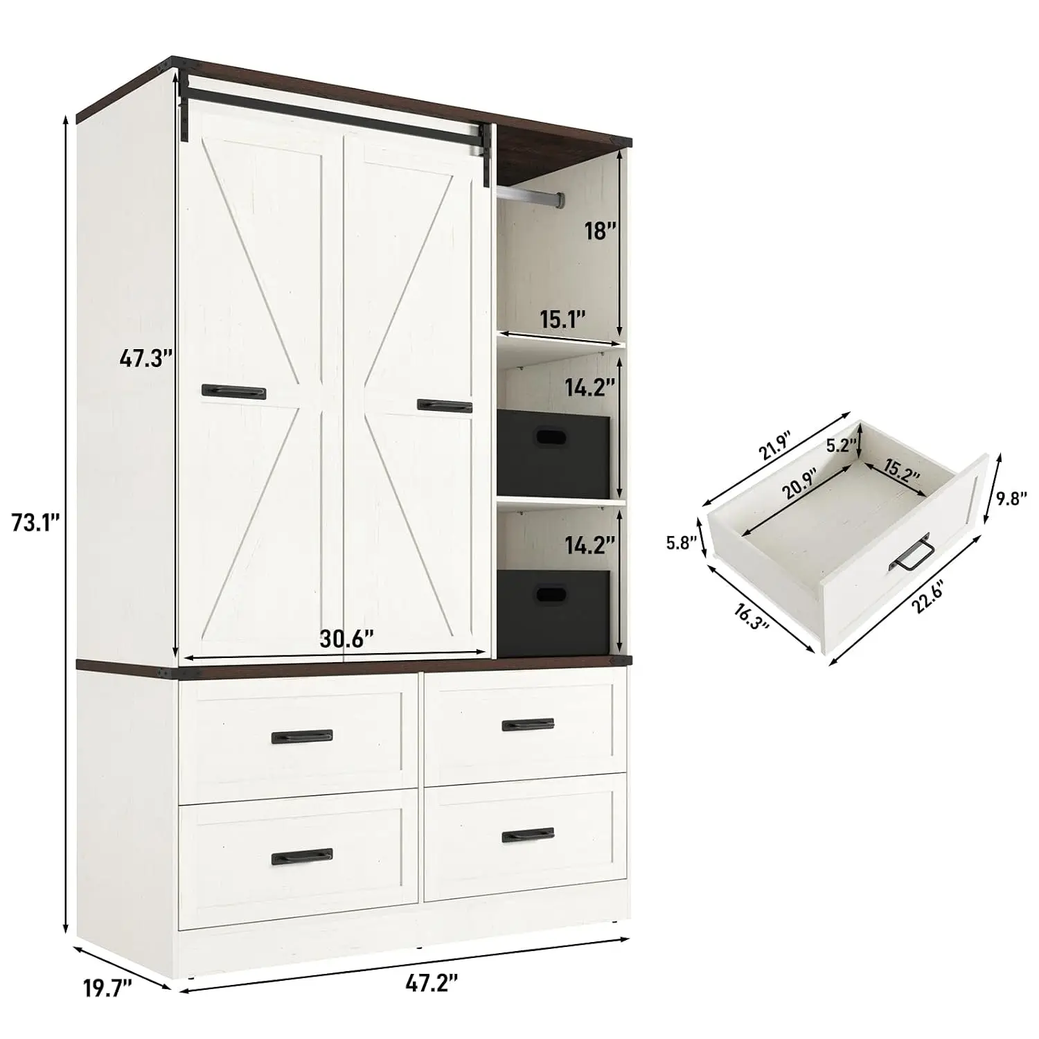 Farmhouse 3 Doors Armoire Wardrobe Closet w/Folding Sliding Barn Door and Lights, LED Armoire Closet w/Drawers, Customized