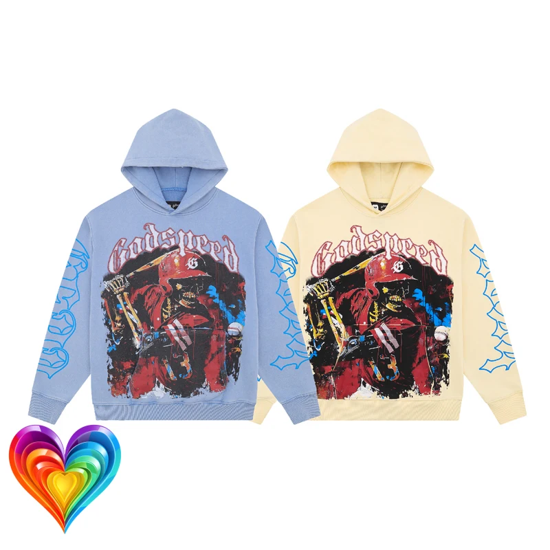 

American Streetwear Clothes God Speed Skulls Play Basketball Print Hoodie Men Women Blue Apricot High Quality Godspeed Pullovers