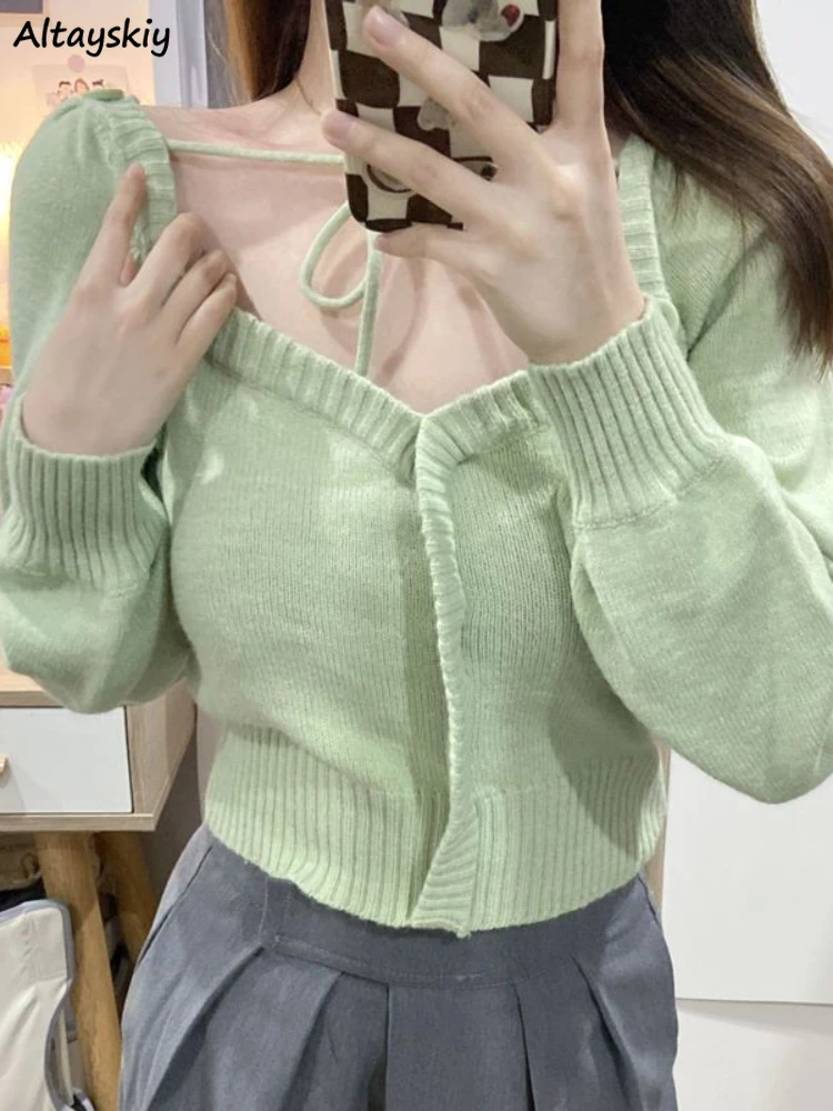 

Bandage Knitting Pullovers Women Spring Square Collar Sweater Green Long Sleeve All-match Harajuku Fashion College Short Sweater