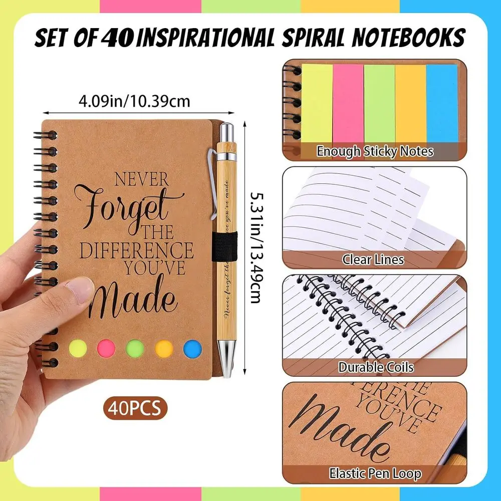 Inspirational Bamboo Pens & Spiral Notebooks with Sticky Notes: 40 Sets for Nurse, Teacher, Coworker Appreciation