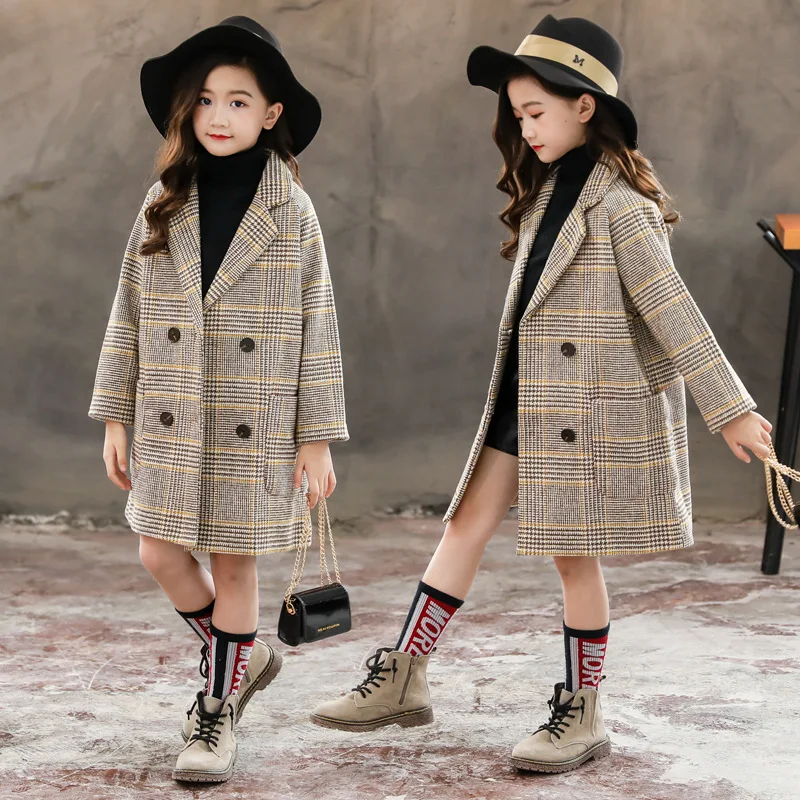 2024 Autumn and winter new children's medium long plaid coat 4-12 years old girl woolen coat large child style tweed coat