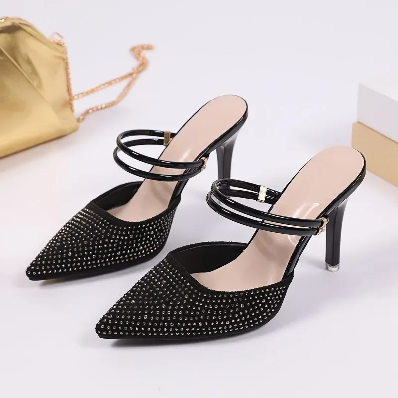 New Style One-strap High-heeled Pointed-toe Wrap-around Flip-flops in Large Size with Rhinestones
