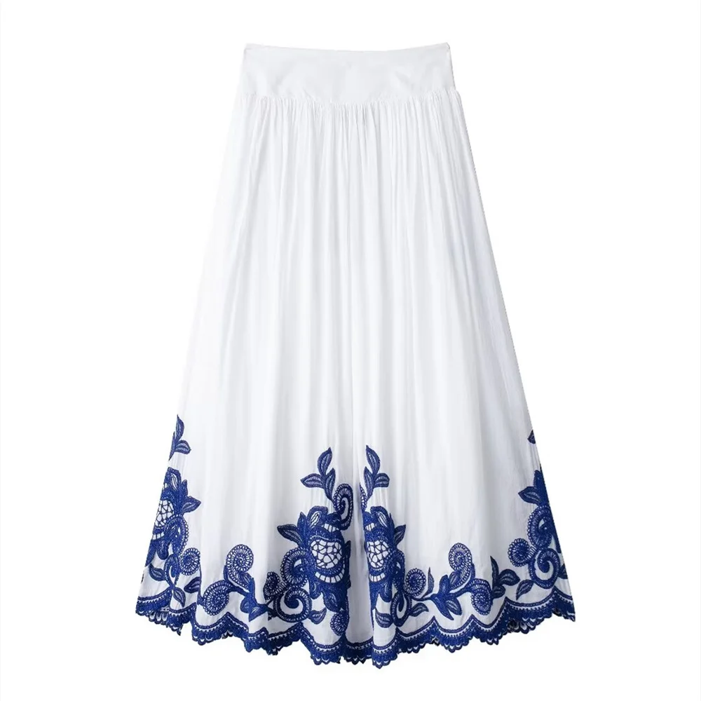 PB&ZA2024 Summer New Product Elegant and Elegant Women\'s Wear Contrast Embroidered Shirt Elastic Waist Skirt Set