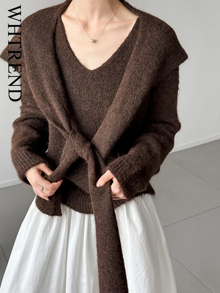

WHTREND Chic Design Loose Style V Neck Knitted Sweater Top + Shawl Women's Fashion Clothing 2025 Autumn Winter New WH1749