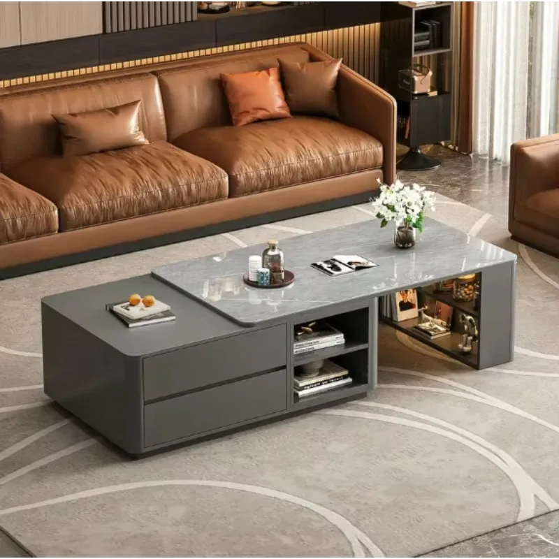 

Small apartment living room retractable convertible coffee table modern high-end marble plus solid wood design coffee table