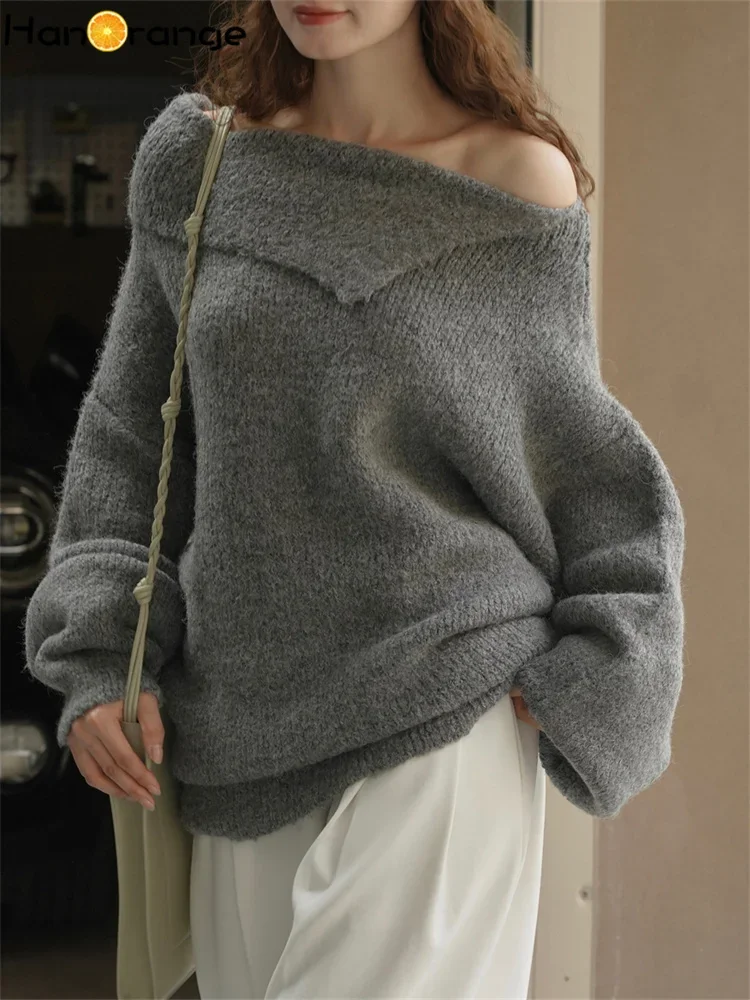 HanOrange 2024 Winter Slouchy Slash Neck Wool Sweater Women Soft Glutinous Skin Friendly Loose Casual Top Off White/Gray