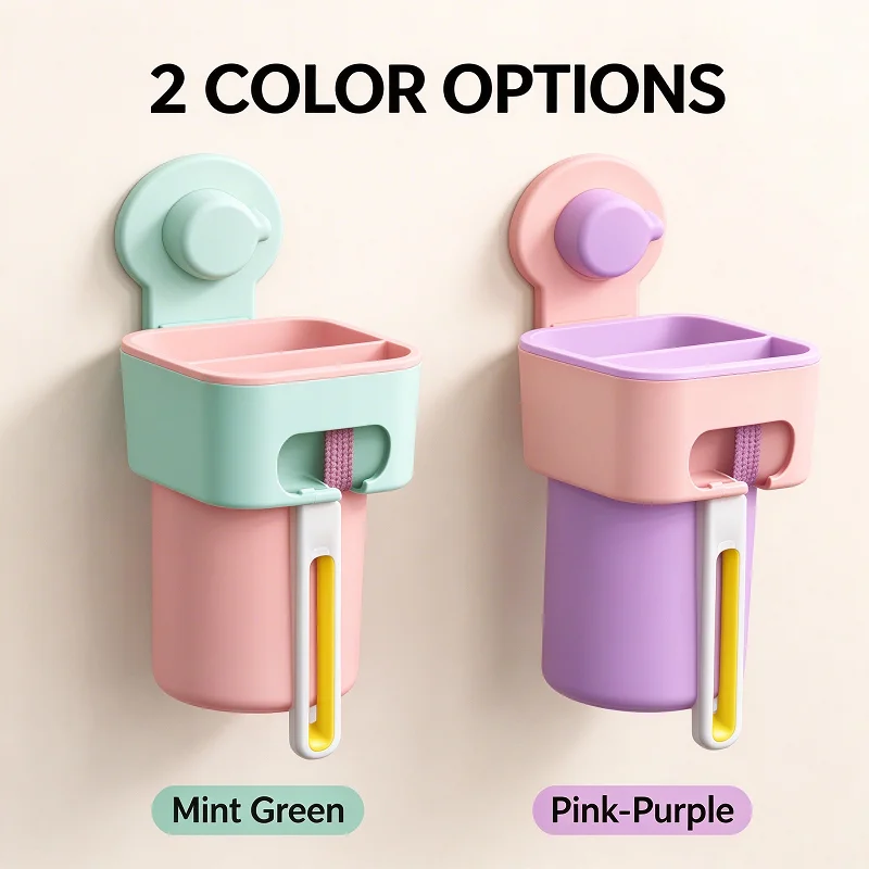Suction Cup Bathroom Organizer Wall Mount, No Drilling Toothbrush Holder with Rinse Cup, Divided Storage