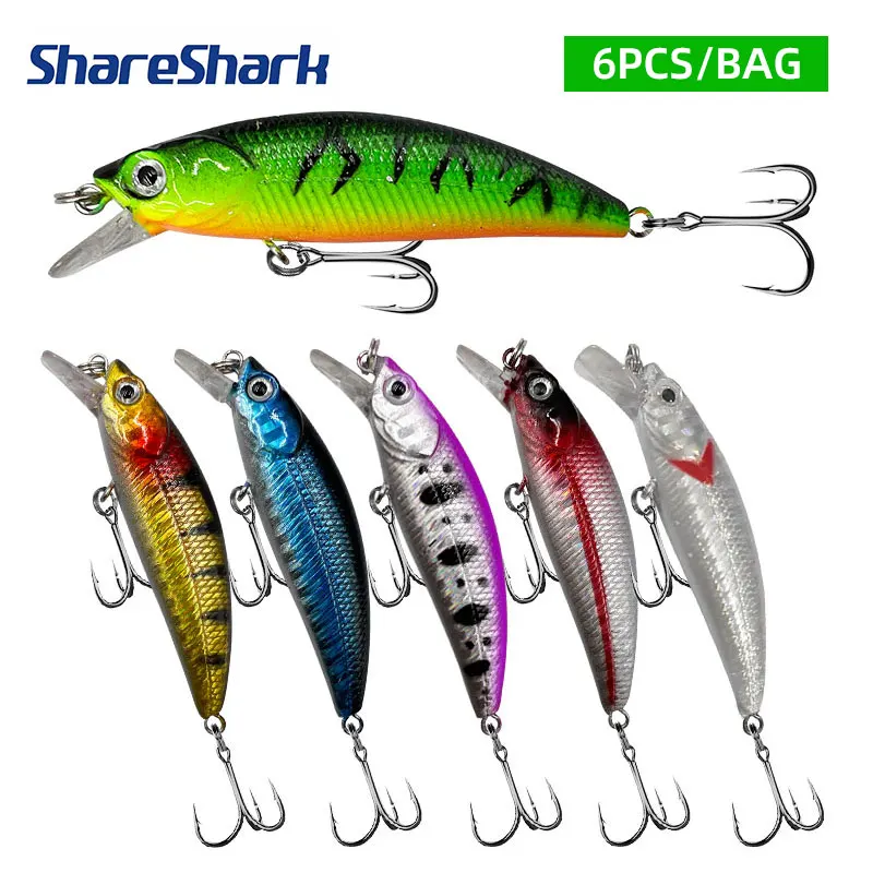 ShareShark 6 Stück/Beutel 6,8cm/4,8g Angelköder-Set Sinkender Minnow Forellen-Kunstköder Crankbait Bass-Angelzubehör