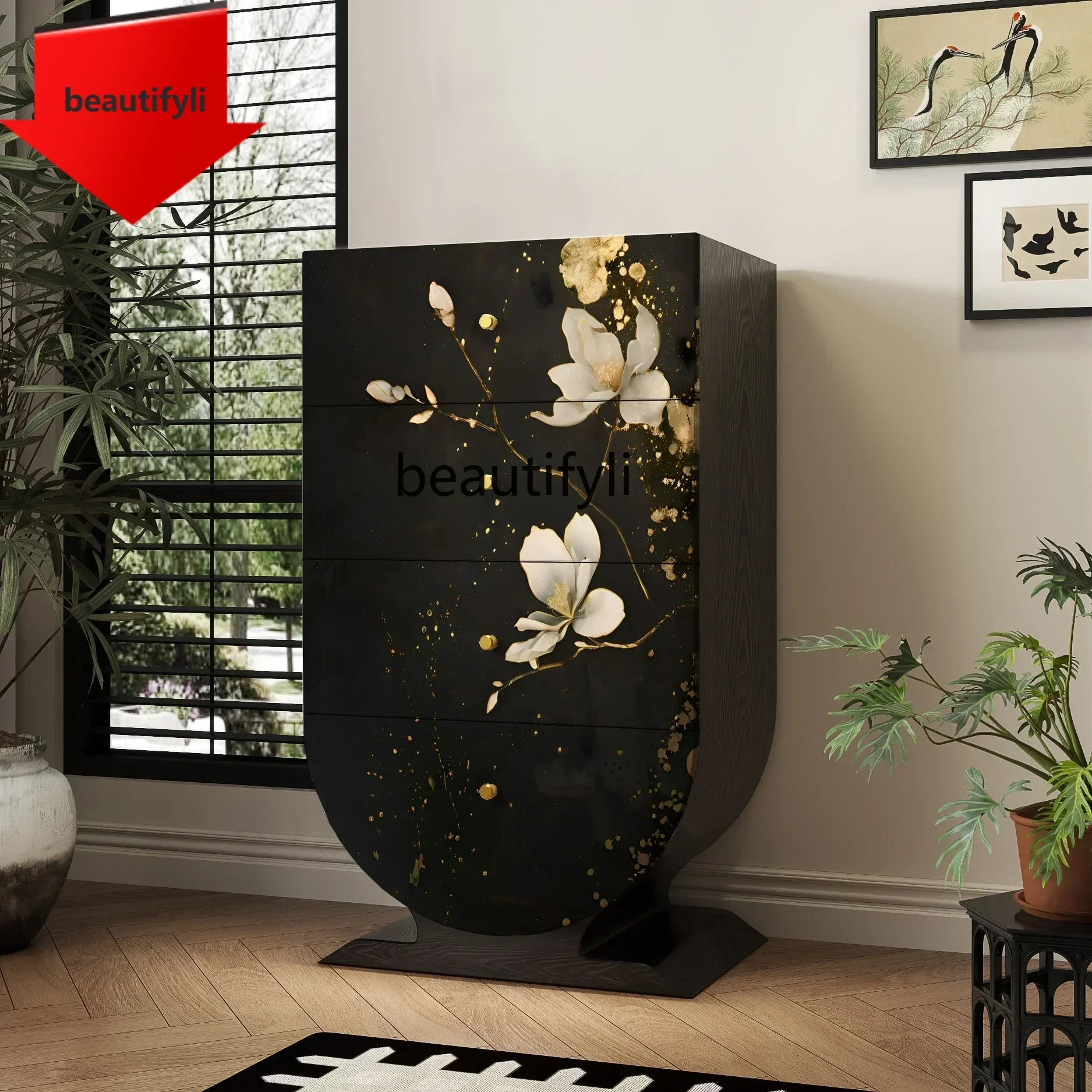 Q181  French living room storage cabinet, four bucket cabinets, integrated solid wood decorative side cabinet against the wall