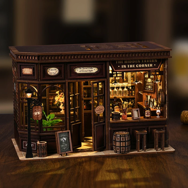 NEW DIY Wooden Corner Tavern Casa Figurines Miniatures Bookend Assembled Houses for Friends Birthday Gifts Home Decor Crafts