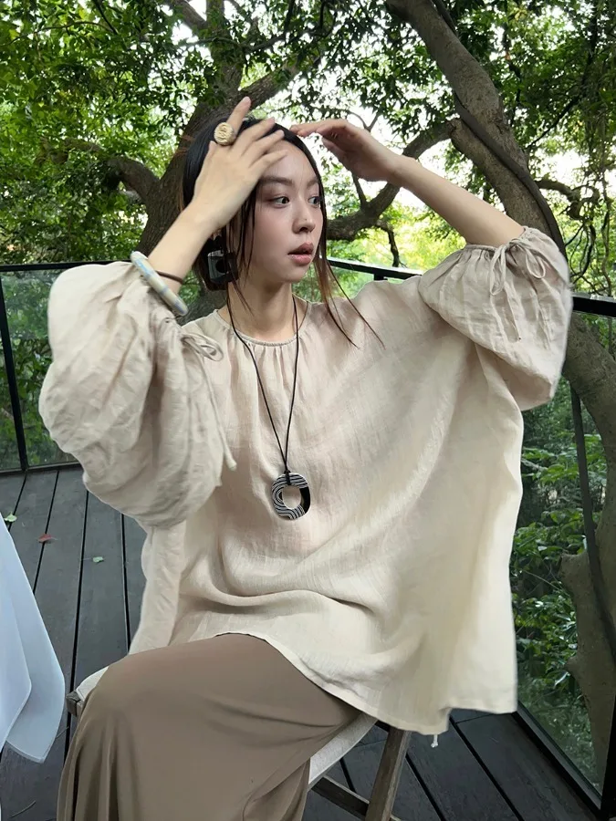 

Retro Lantern Sve irt Women's Summer Thin Loose Casual round Ne Sunade Cover up Top Polyester Fiber Long Sve