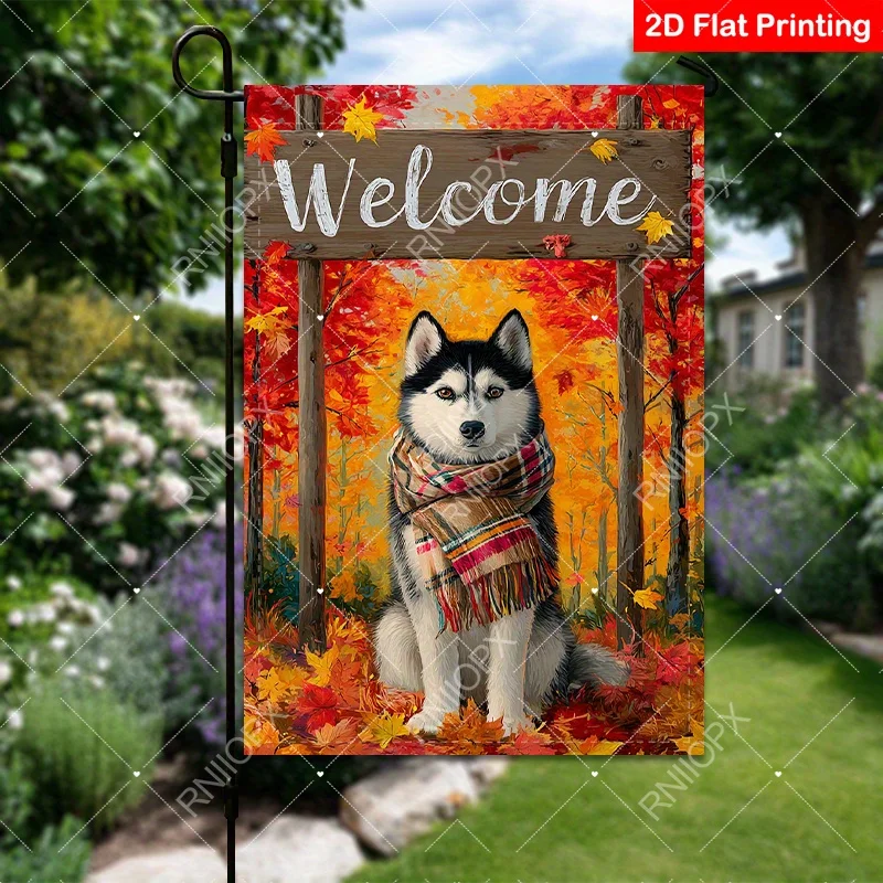 2D Flat - 2D Flat - 1pc a Two-Dimensional Flat Garden Flag, Double-Sided, Showcasing a Siberian Husky Among Autumn Leaves, Ideal for Home Gatherings And Outdoor Festivities. Bracket Not Included