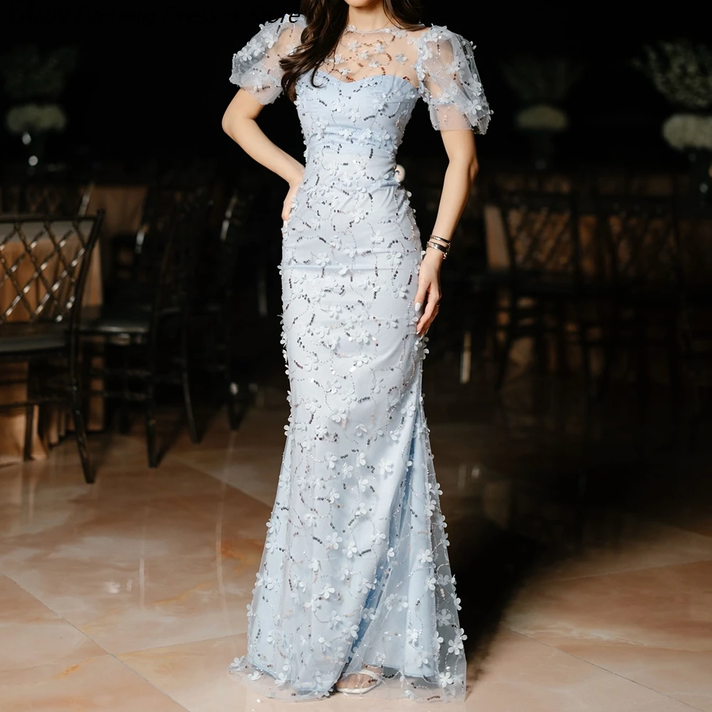 

Women's A-line Evening Dresses Floor-length O-neck Short Sleeve Prom Dresses Fashion Sequined Flowers Draped Customized Gowns