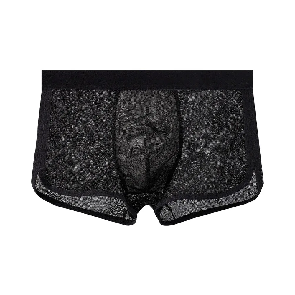Men Floral Lace Boxer Briefs Elastic Waistband See Through Mesh U Convex Pouch Thin Breathable Quick Dry Underwear