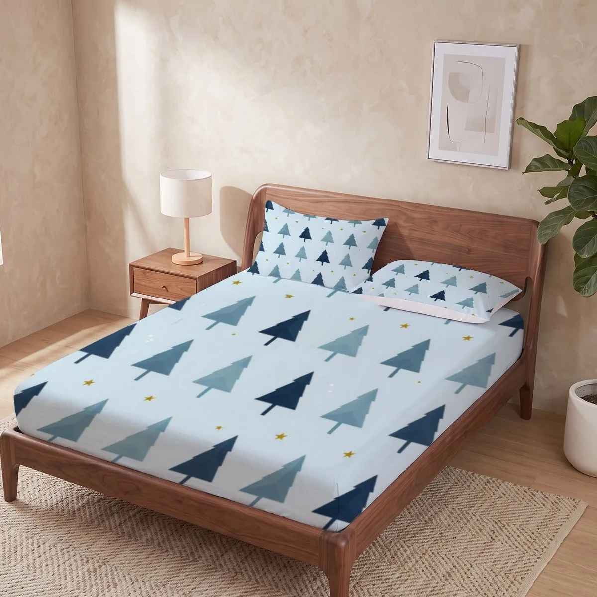 Minimalist Style 2D Digital Print Three-Piece Fitted Sheet Set, 2D Digital Print Three-Piece Bedding Set (Includes 1 Fitted Sheet + 2 Pillowcases), 3-Piece Set, Large Capacity Deep Pocket 2D Printed Fitted Sheet and 2 Pillowcases, Fitted Sheet Style with Elastic Band, Protective Cover, Mattress Protector, Machine Washable Design, Holiday Decoration, Various Sizes, Breathable Protective Cover Plus Pillowcase