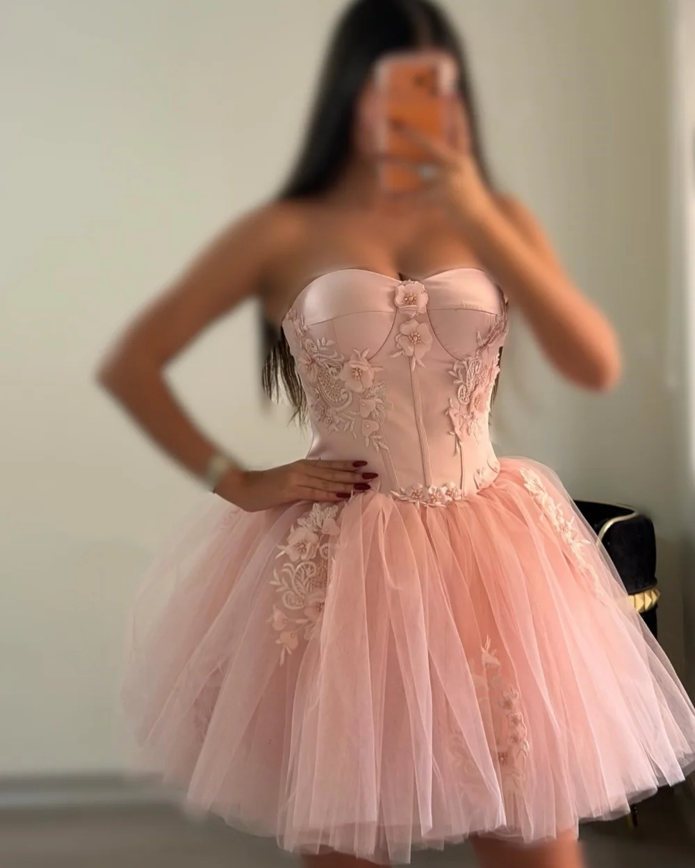 

Customized Modern Style Tulle Applique Flower Beading A-line Strapless Short Dresses Bespoke Occasion Dresses Sizes Available