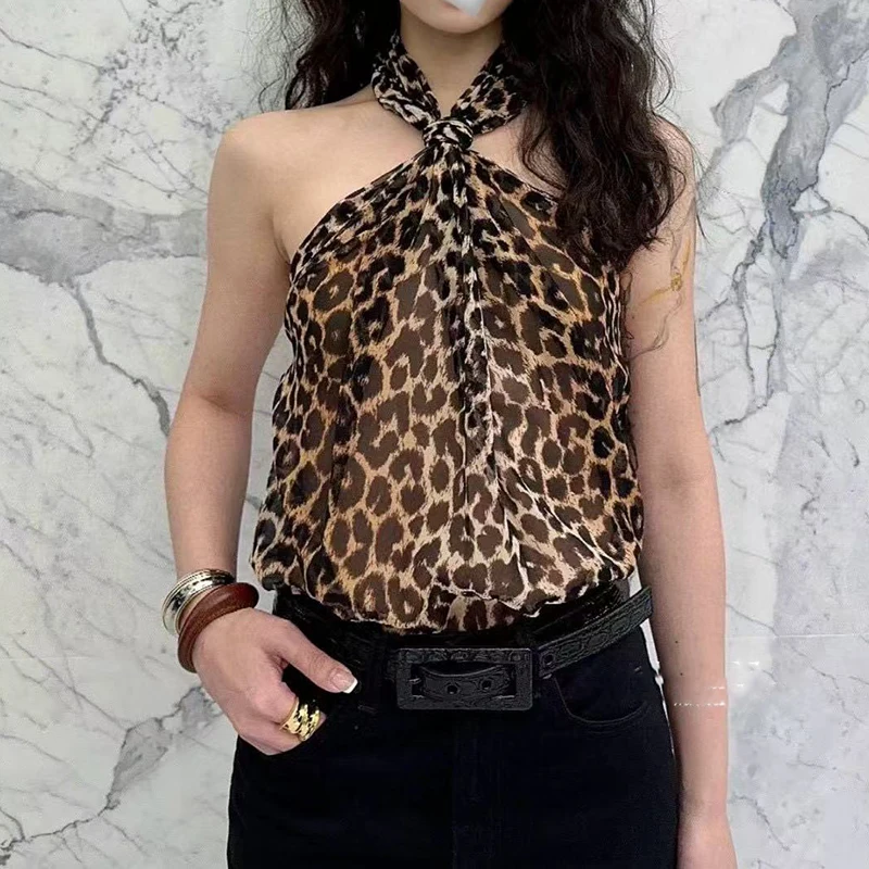 Women's Mulberry Silk Leopard Print Camisole Top, Fashion Sex Hanging Neck Feeling Backless Tank Top, High Quality, Fall, New,