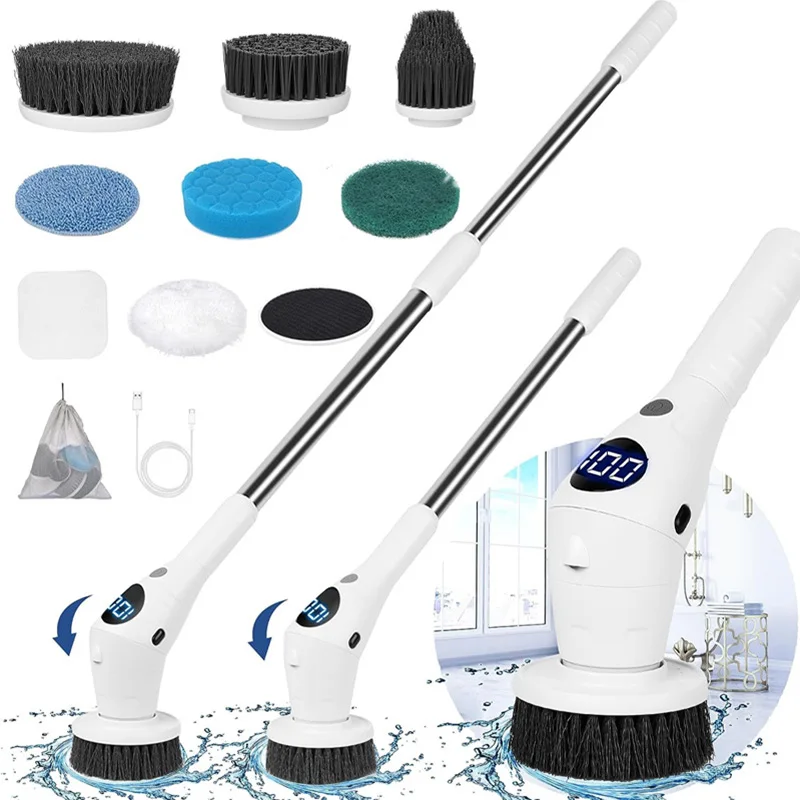 8 in1 Electric Cleaning Brush Extendable Electric Spin Scrubber Cordless Bathroom Shower Scrubber for Bathroom Kitchen Floor