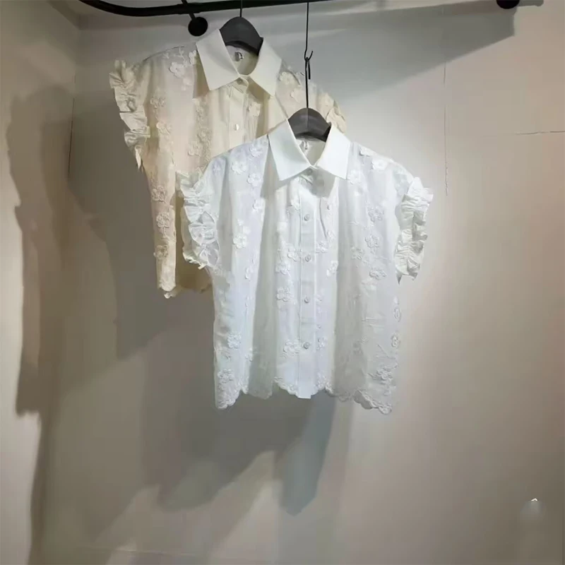 

Floral Embroidery Shirt Women's Wooden Collar Short Sleeve Turn-down Korean Style Summer New Season Versatile Loose Fit