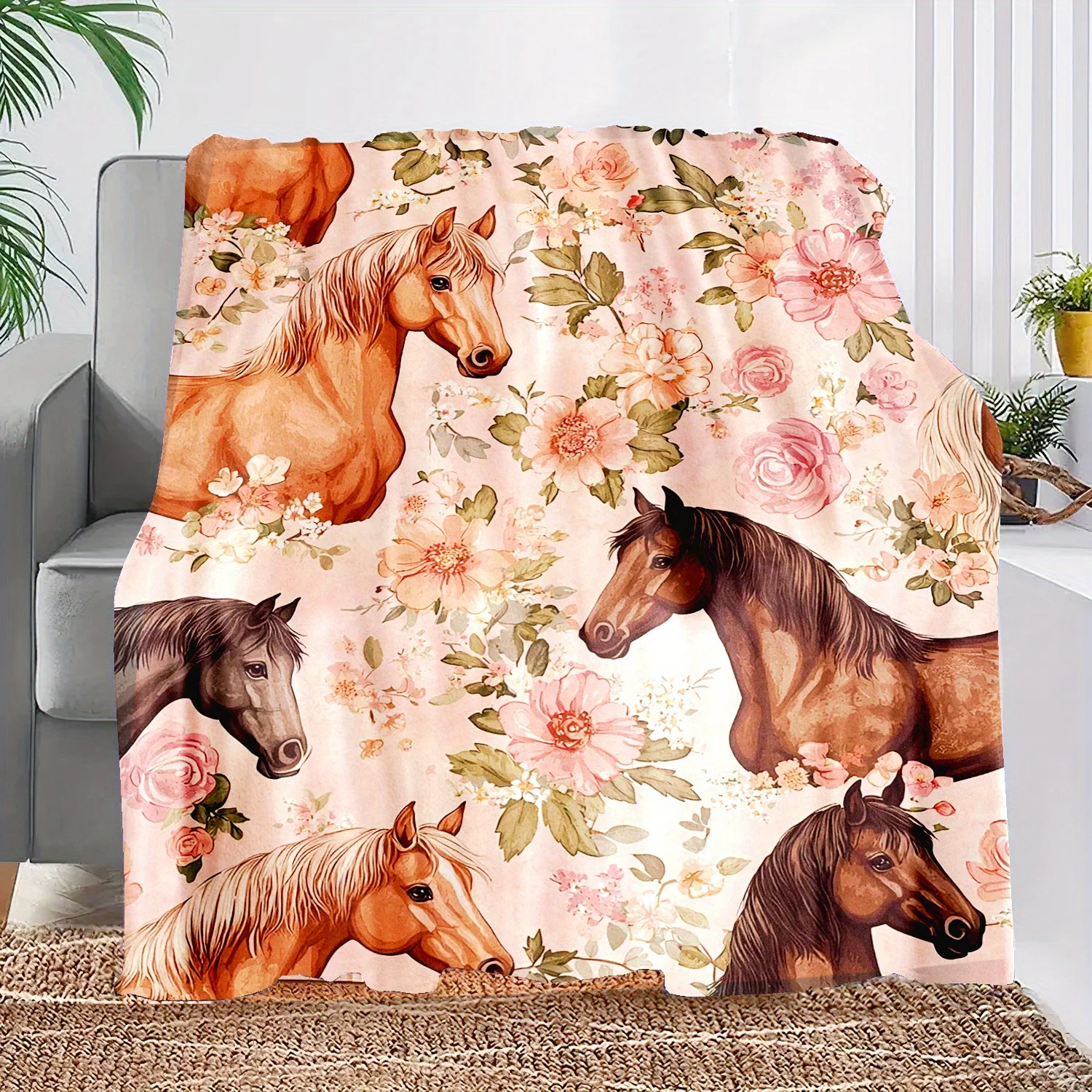 Comfort Floral Horse Pattern Flannel Blanket - Perfect Gift for Girls, Granddaughters, and Daughters - Suitable for Outdoor, Bea