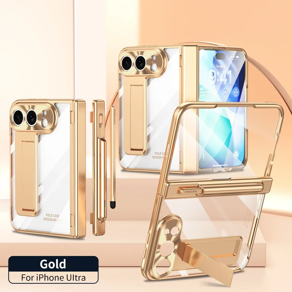 For IPhone Duo Fold Case with Pen Stylus Magnetic Hinge HD Glass Front Film Stand Protective Back Cover Phone Shell