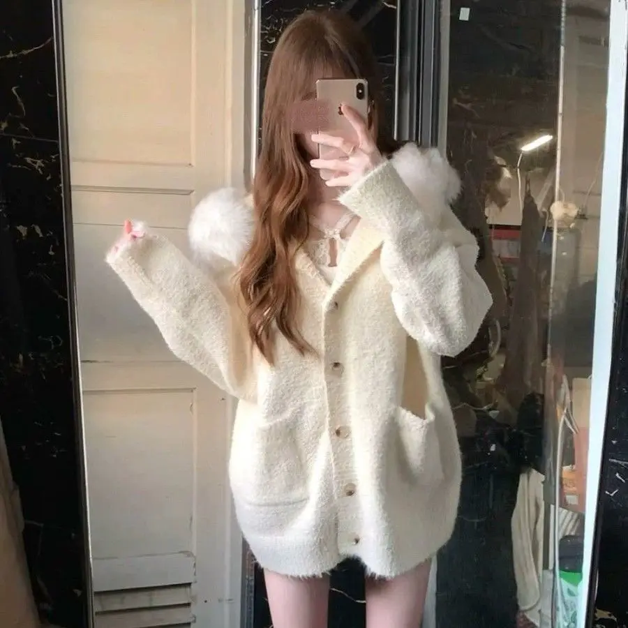 

Sweaters Jumpers Cardigans Womens Japanese High School Lyocell Knit Gold Detail Fitted Cut BF Y2K Meeting Professional Elegant