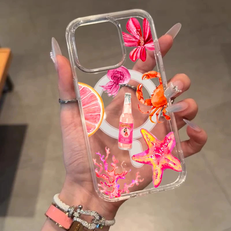 Illustration florale de mer coquillages romantique Transparent pour couverture magnétique pour iPhone 16 Pro Max 17 15 14 13 12 11 Plus couverture TPU