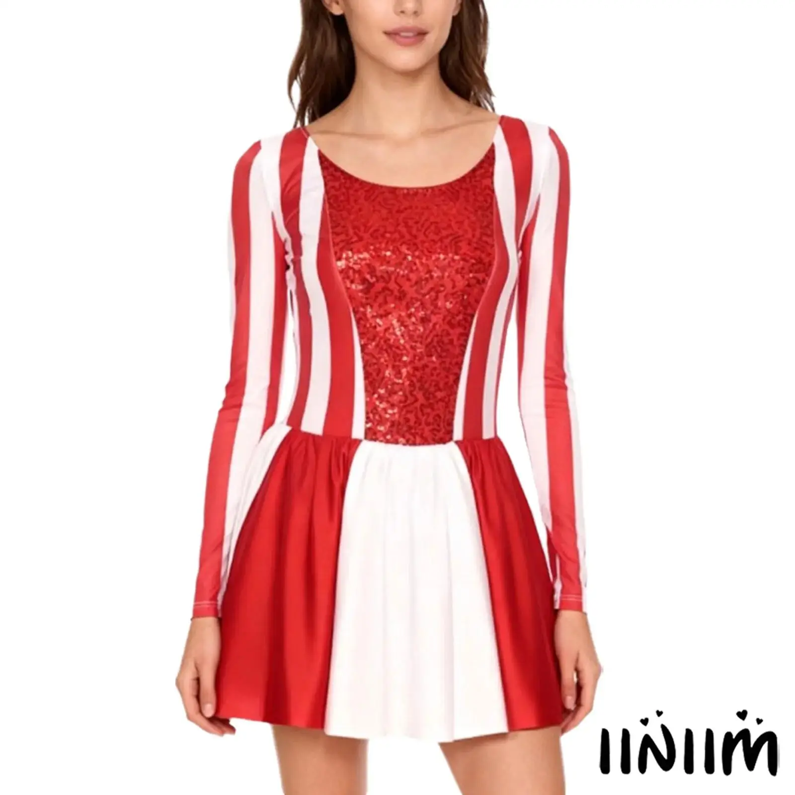 

Women's Long Sleeve Round Neck Sequin Decor Striped Princess Tutu Dress for Christmas Candy Cane Holiday Festival Carnival Party