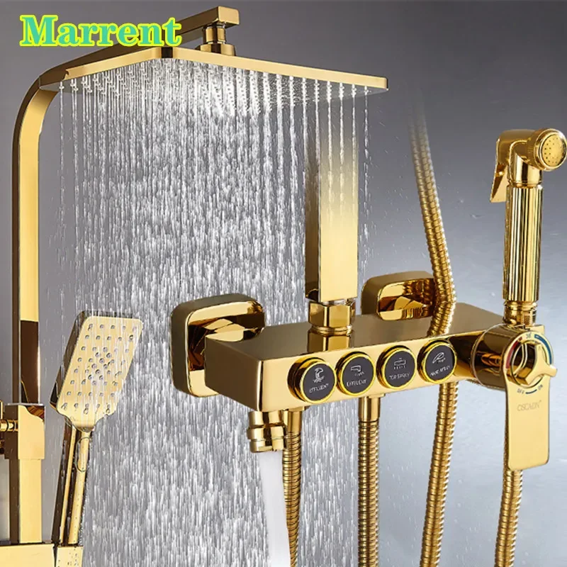 Luxury Gold Bathroom Shower Set Wall Mounted Hot Cold Bathroom Shower Mixer Faucets Quality Brass Thermostatic Shower System