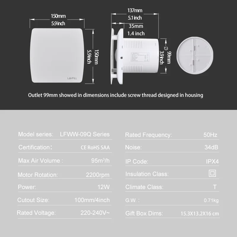 230V ท่อ 4 "100 มม.เพดานห้องน้ํา Axial Ventilator พัดลมลูกปืนมอเตอร์ด้านหลังวาล์ว
