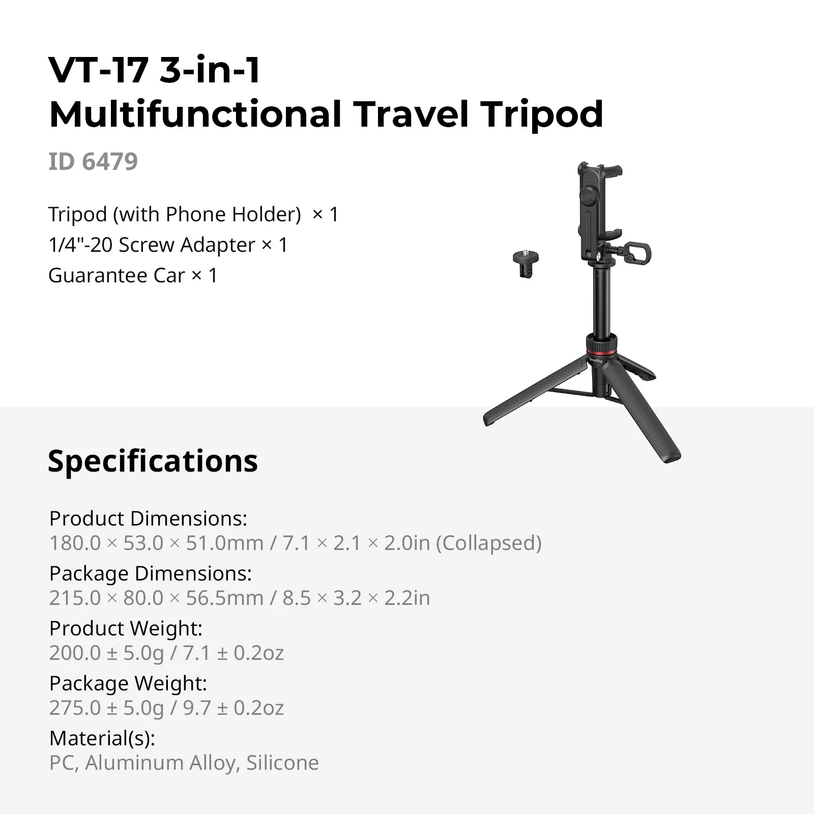 SmallRig VT-17 3-in-1 multifunctioneel reisstatief, voor smartphones, GoPro-actioncamera's voor DJI Osmo Action 6 selfies -6479