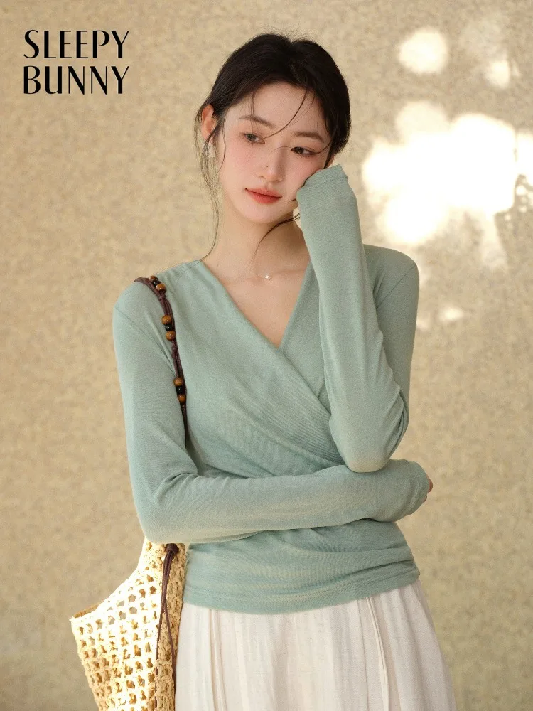 Women Wrap V Neck T Shirt Ruched Waist Slim Fit Top Short Sleeve Long Sleeve Stretch Tee Elegant Spring Summer Casual Shirt Lady