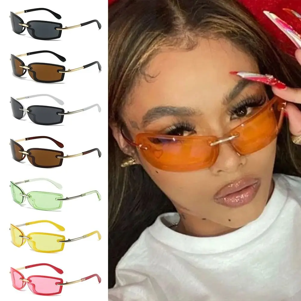 

Small Rimless Square Candy Color Sunglasses Metal Temples UV Protection Women's Sun Glasses Y2K Futuristic Shades