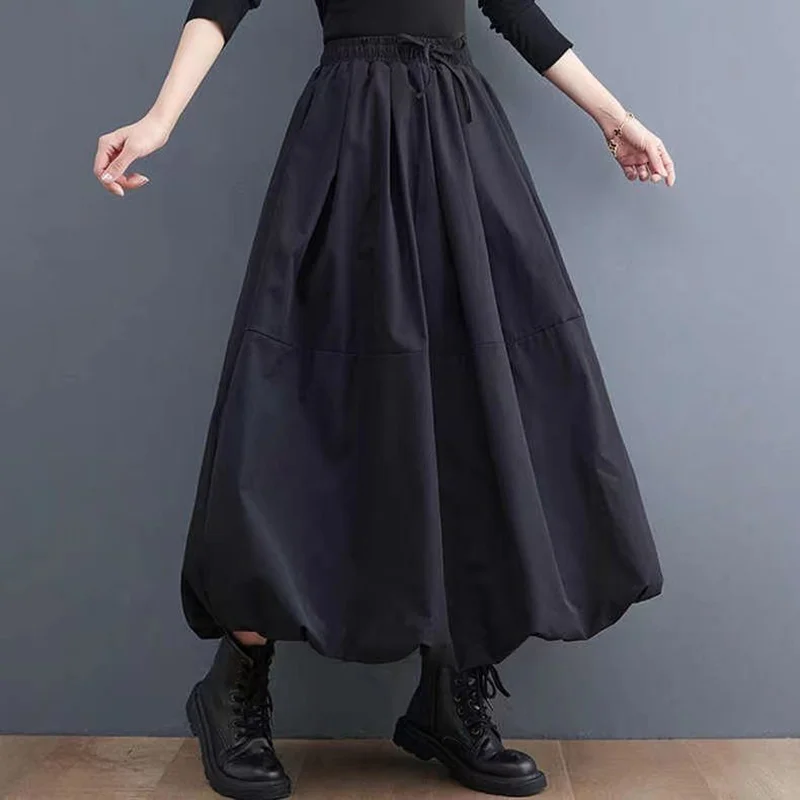 L-4XL Women\'s Black Long Tutu Skirt With Pockets Fashion High Waist A-Line Maxi Skirts Womens Loose Casual Pleated Skirt C419