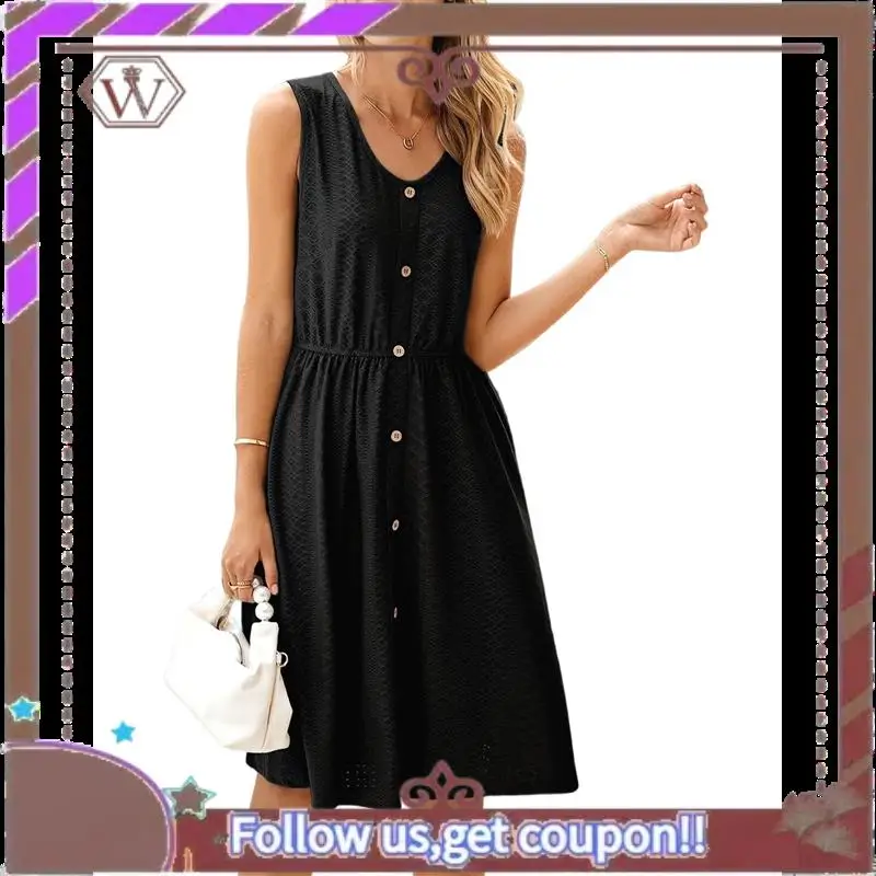 A95D-Womens Sleeveless Sundress Summer Casual Eyelet Button Down Short Dress Flowy Beach Tank Mini Dress With Pocket
