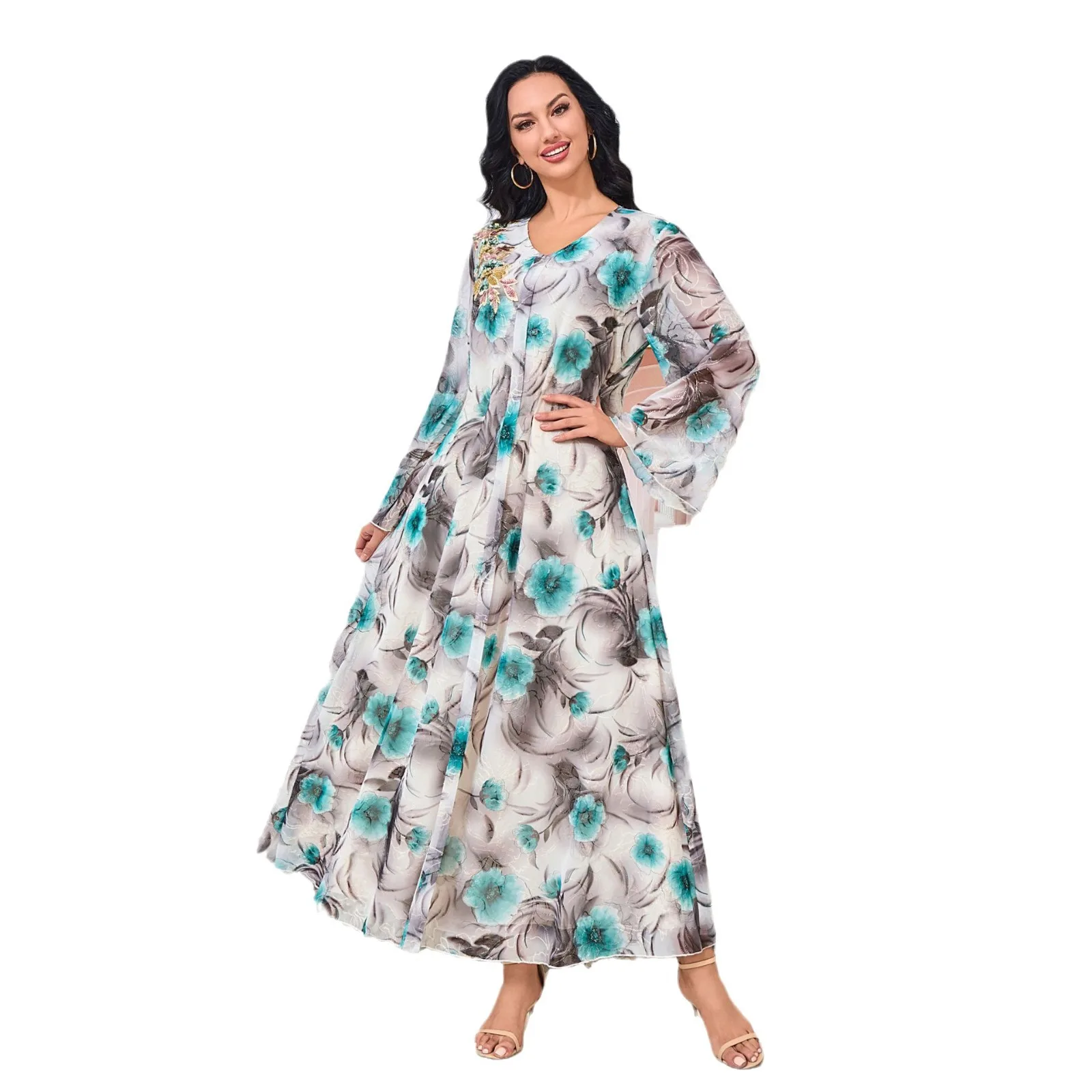 ドバイファッション花柄ビーズドレスアラビアンイブニングドレス2025秋冬新作レディース服