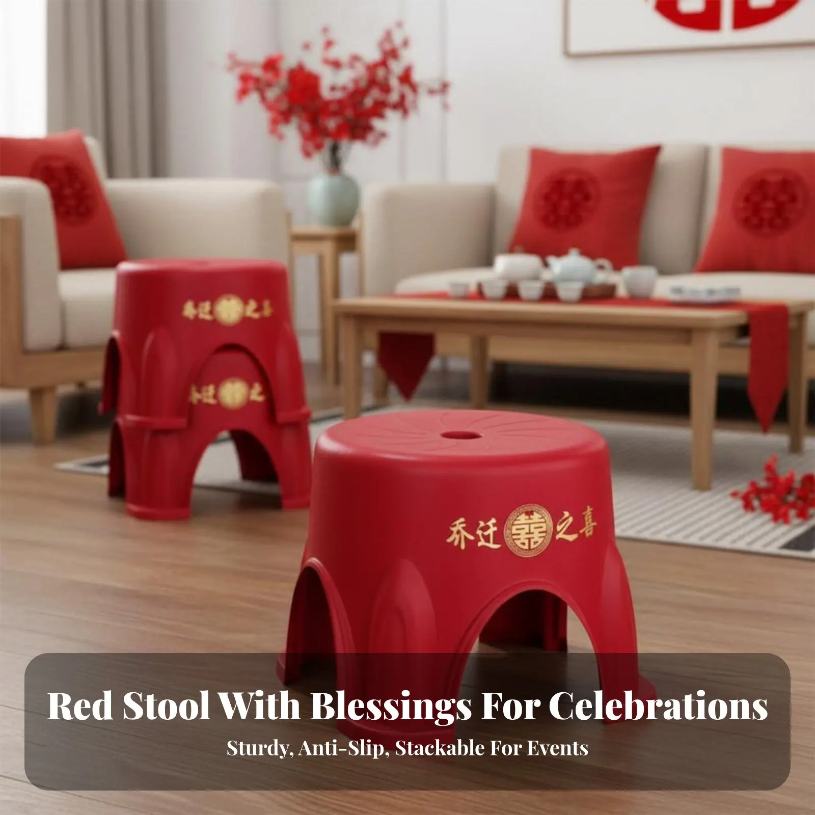Stackable Ppremiumic Stool Festive Red Color Stackable Fittinging Stool Thickened Construction Space-Saving for Adults, Kids